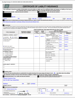 Certificate of liability insurance